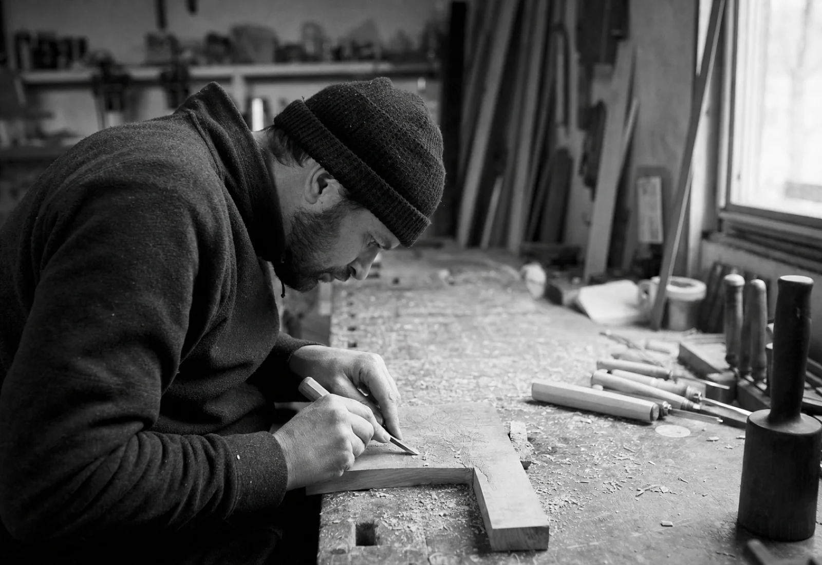 Körnige Schwarzweiß-Reportage eines Handwerkers